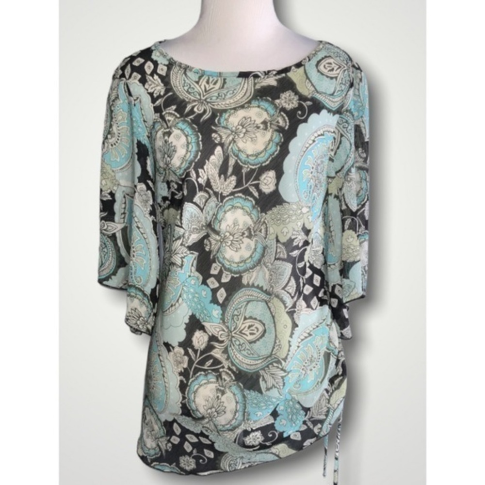 AGB Flowy Lightweight Semisheer Turquoise & Black Print Blouse L